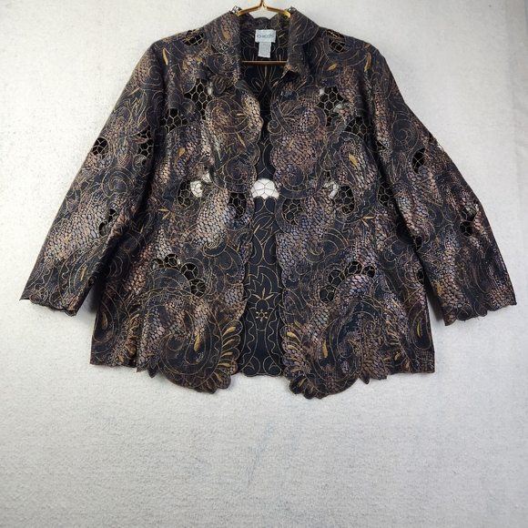 Chico's Womens Sz 2 (Large 12) Black/Gold Scallops 3/4 Sleeve Open Front Jacket - Picture 1 of 11
